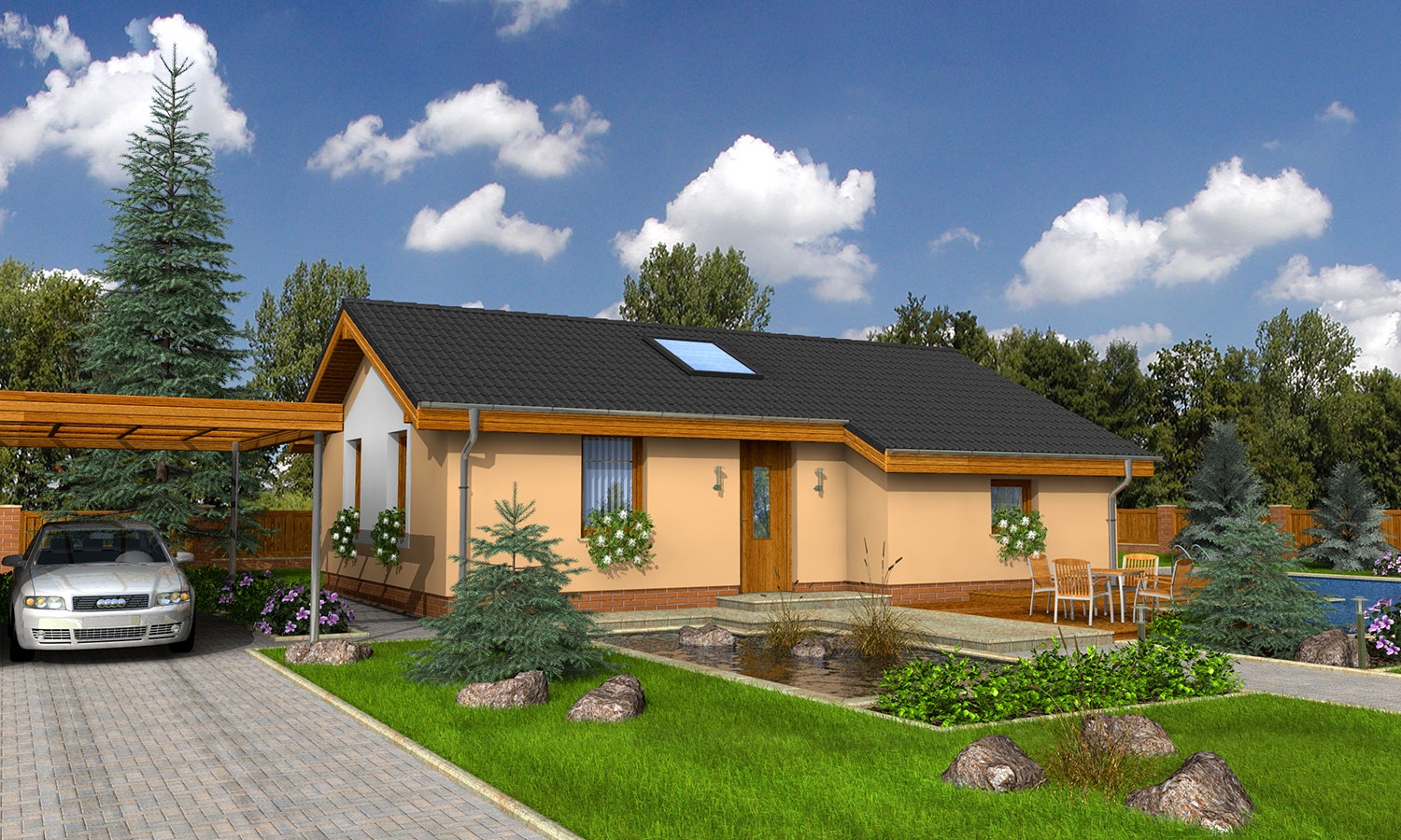 Lacný úzky dom na malý pozemok so sedlovou strechou, presvetlený strešnými oknami Velux. Efekt podkrovia na prízemí.